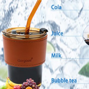 450ml Glass Tumbler with Straw, Lid & Leather Sleeve