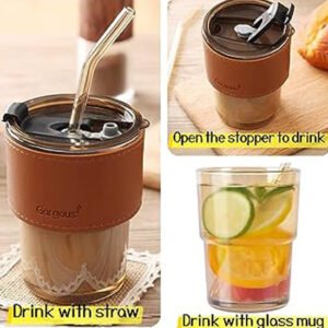 450ml Glass Tumbler with Straw, Lid & Leather Sleeve