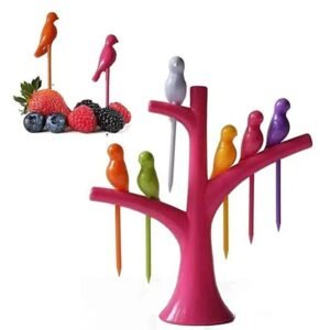 Pack Of 6 - Birdie Fruit Fork Set with Holder - Multicolor