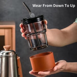 450ml Glass Tumbler with Straw, Lid & Leather Sleeve